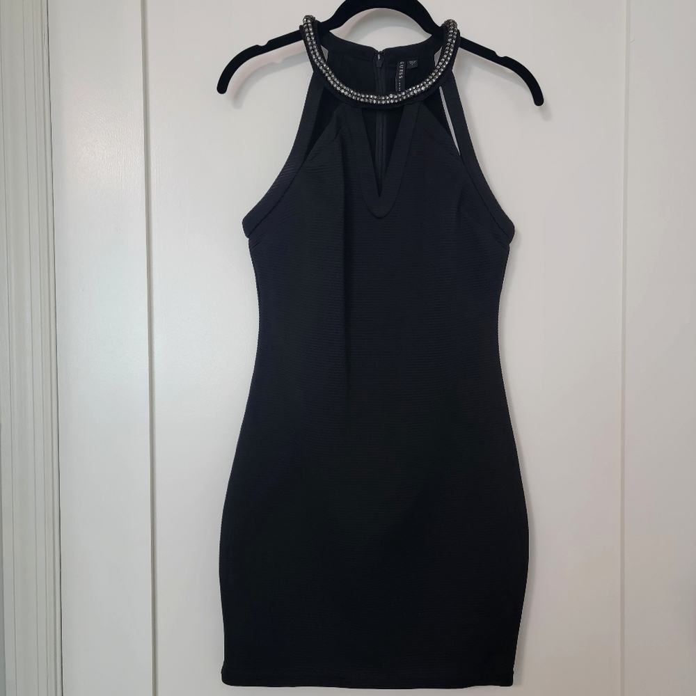 NWOT Guess Bodycon Cutout, Rhinestone Black Mini Dress, Small